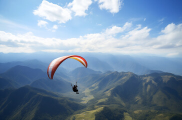 A Beautiful Paragliding Adventure Over The Majestic Mountain Range With Clear Blue Skies