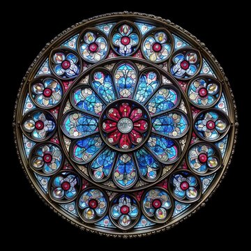 Circular stained glass window, front view, colorful rose window of cathedral, gothic style, isolated on black.
