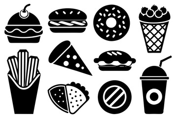  A Set Of Fast Food silhouette black linocut Vector Icon Illustration 