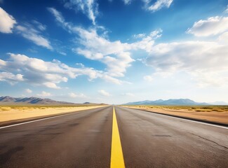 Naklejka premium Asphalt road in the sunset sky with clouds and sun rays.