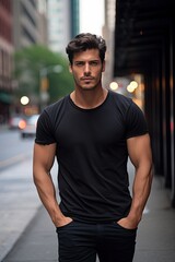 Male latin model in a classic black cotton t-shirt on a city street