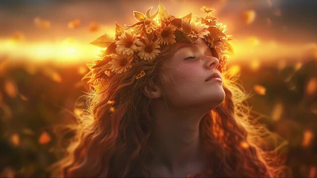 Witches' Autumn Equinox Ritual in Nature. Autumn Gathering of Women with Flower Crowns and Candles