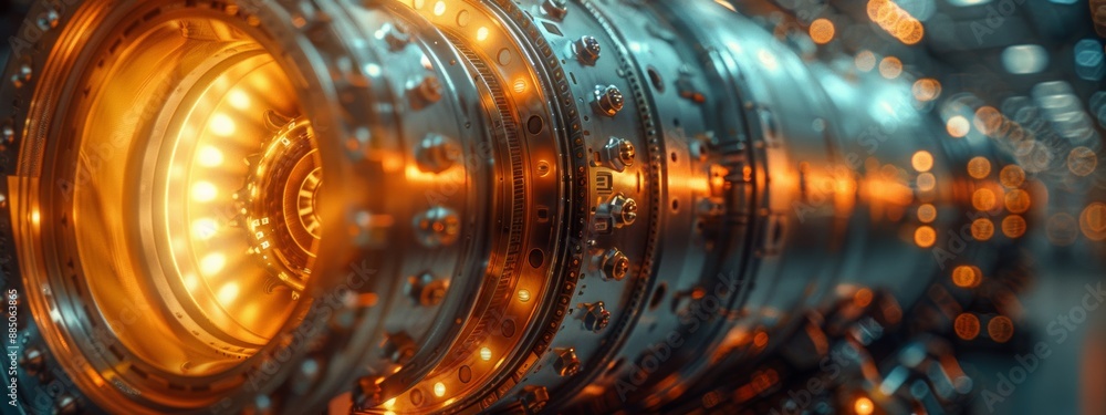 Poster a close-up of a jet engine, highlighting the intricate engineering and precision machining of its co