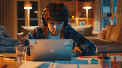 A cozy home setting where a young student is engaged in online learning. Male student is sitting at a desk 