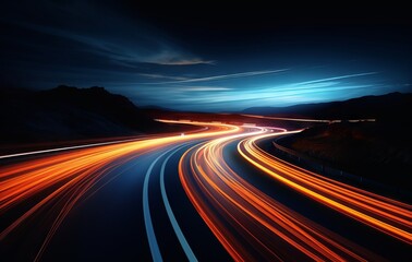 Abstract scene of speed motion on the road at night in the mountains