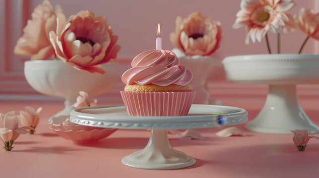Pink frosted cupcake with candle  ai generated celebratory treat for special occasion