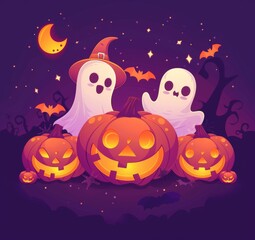 illustration of cartoon cute pumpkins, moon and ghost on purple background for Halloween festival design.