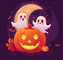 Fototapeta premium illustration of cartoon cute pumpkins, moon and ghost on purple background for Halloween festival design.