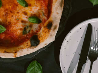 Delicious Neapolitan pizza Margherita close-up, top view