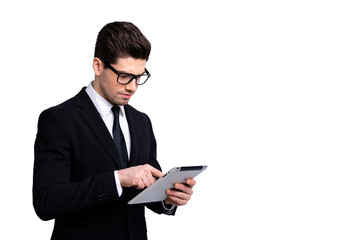 Portrait of nice imposing classy attractive professional candid expert guy tap new digital ebook...
