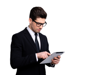 Portrait of nice imposing classy attractive professional candid expert guy tap new digital ebook surfing web post smm necktie white collar analyse isolated over light gray background