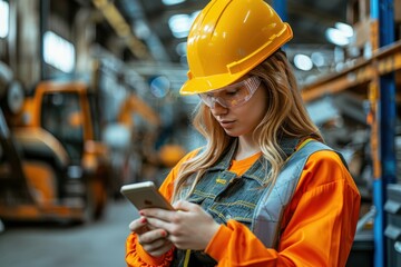Female engineer in a yellow hard hat using smartphone in an industrial warehouse.
