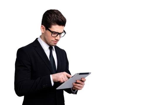 Portrait of nice imposing classy attractive professional candid expert guy tap new digital ebook surfing web post smm necktie white collar analyse isolated over light gray background