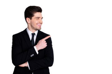 Close up photo amazing he him his macho attractive handsome hand arm index finger direct indicate empty space news wear white shirt black suit jacket tie formal-wear isolated bright grey background