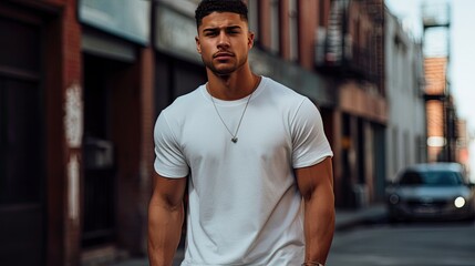 Fototapeta premium Male latin model in a classic white cotton t-shirt on a city street