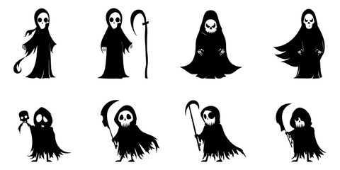 four cute cartoon grim reaper silhouettes, white background