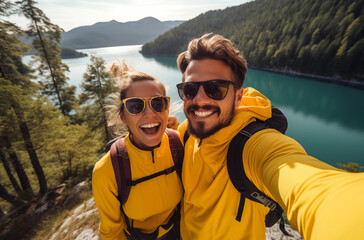 Couple Enjoying A Scenic Hike In The Mountains On A Clear Day With Beautiful Lake View In Background