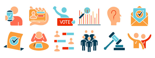 Voting set icon. Mobile voting, voter ID, candidate, voting booth, poll analysis, voter head, election results, ballot, group, vote, law, victory.