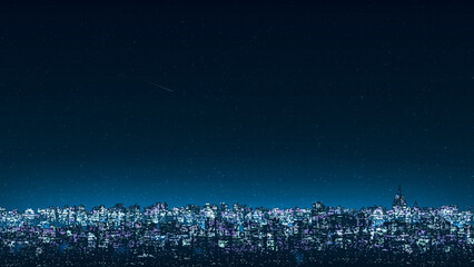 Cityscape, city buildings at night. City ​​skyline at nighttime. Night shining starry sky. Dark blue cityscape background with stars, nebula, meteor. Panoramic illustration, high resolution. Vector