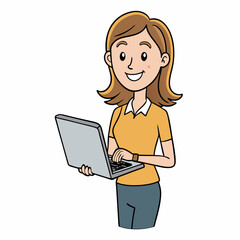 Smiling Young Woman Using Laptop Line Art Vector Illustration