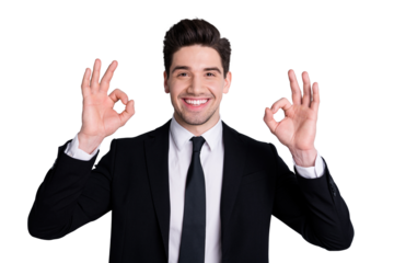 Close up photo amazing he him his macho handsome hands arms fingers okey symbol advising new tested product quality wear white shirt black suit jacket tie formal-wear isolated bright grey background