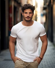 Fototapeta premium Male latin model in a classic white cotton t-shirt on a city street