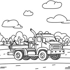 A tow truck, breakdown truck, or wrecker lorry machine vehicle, a black and white illustration for a coloring page