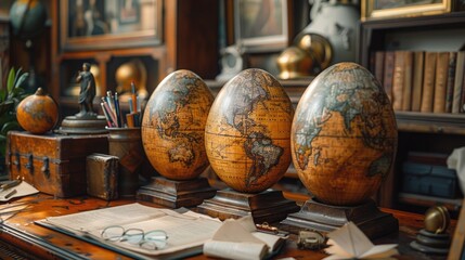 Dinosaur eggs on a classic desk setup, symbolizing growth with a touch of fantasy