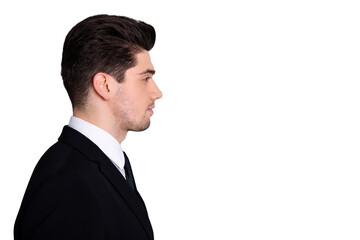 Profile side view photo of clever chief ceo executive feel independent content serious contemplation think thoughtful dream dreamy dressed fashionable blazer isolated on silver background