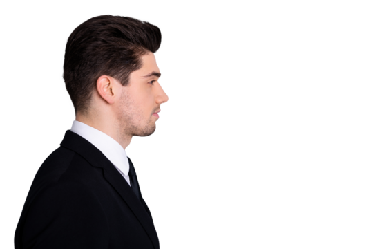 Profile side view photo of clever chief ceo executive feel independent content serious contemplation think thoughtful dream dreamy dressed fashionable blazer isolated on silver background
