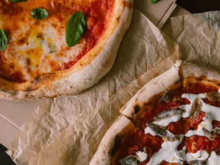 Freshly made Neapolitan pizzas close up