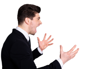 Profile side view photo of frustrated banker investor investment collar annoyed irritated crazy emotions have misunderstanding colleagues wear black blazer white shirt isolated argent background