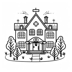 Naklejka premium A vector black and white hospital building icon with trees, isolated on white, promoting health awareness
