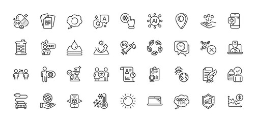 Recovery data, Quick tips and Feather signature line icons pack. AI, Question and Answer, Map pin icons. Report, Freezing, Laptop web icon. Cogwheel, Social distancing, Consolidation pictogram. Vector