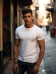Obraz premium Male latin model in a classic white cotton t-shirt on a city street