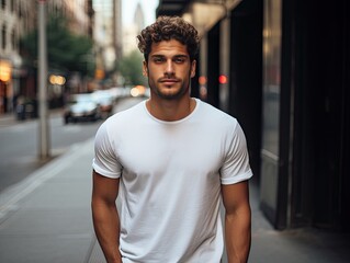 Male latin model in a classic white cotton t-shirt on a city street