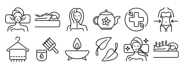 Spa set icon. Face massage, relaxation, hair care, herbal tea, wellness, towel, body brush, candle, leaves, acupuncture, skincare, weight loss.