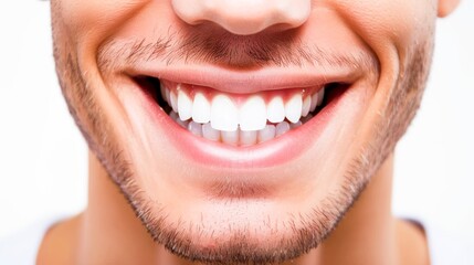 Closeup of mans smile with white teeth. Dental care, teeth whitening procedure at dentist.