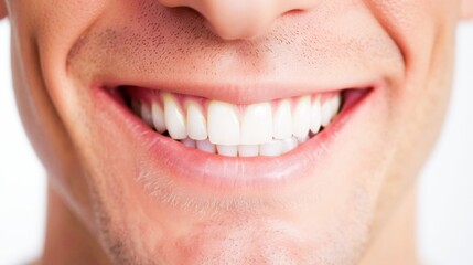 Fototapeta premium Closeup of mans smile with white teeth. Dental care, teeth whitening procedure at dentist.