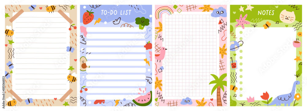 Poster cute planner papers set. notebook page designs for memo notes, lists, ideas. doodle framed backgroun