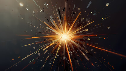 Fototapeta premium abstract background that illustrates the aftermath of an explosion, with shards of light and fragments radiating outward from a central point, using a mix of warm and cool tones
