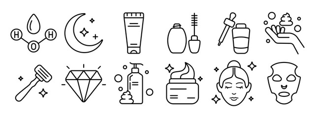 Skincare set icon. Water molecule, night care, cream, serum, face mask, razor, diamond, lotion, moisturizer, face wash, facial, beauty. © Anastasia