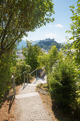Monchsberg hiking route, view to Hohensalzburg fortress and Salzach river, Salzburg