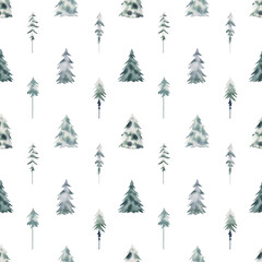 Fototapeta premium Watercolor winter seamless pattern with spruces for fabric, wrapping paper, etc.