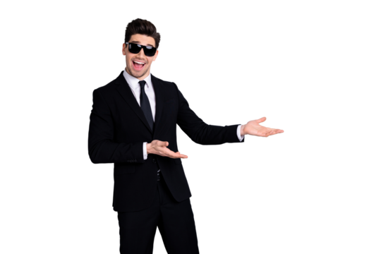 Stylish product concept. Portrait handsome smart real estate agent advise decide give information ad suggest excited content candid enjoy isolated grey background specs eyewear eyeglasses outfit