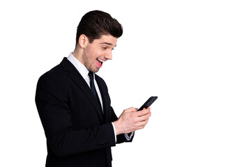 Profile side photo cheerful funny representative social media marketing worker use user apps gadgets communication impressed unexpected incredible notification scream outfit isolated grey background