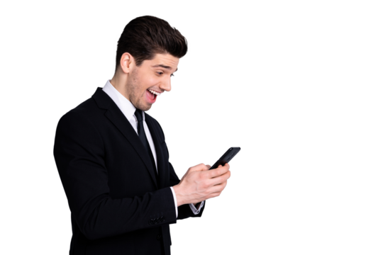 Profile side photo cheerful funny representative social media marketing worker use user apps gadgets communication impressed unexpected incredible notification scream outfit isolated grey background