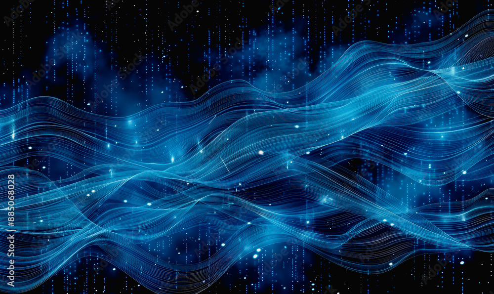 Poster modern abstract design with flowing blue lines and geometric patterns