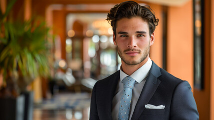 Fototapeta premium Nice looking guy in a nice suit with tie. Standing in front of a hotel. A light bright orange background