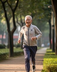 Obraz premium Senior man jogging in the park healthy lifestyle for longevity concept